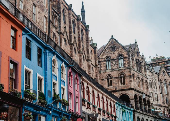 Colorful stores on the famous Victoria street in Edinburgh, Scotland's capital city.