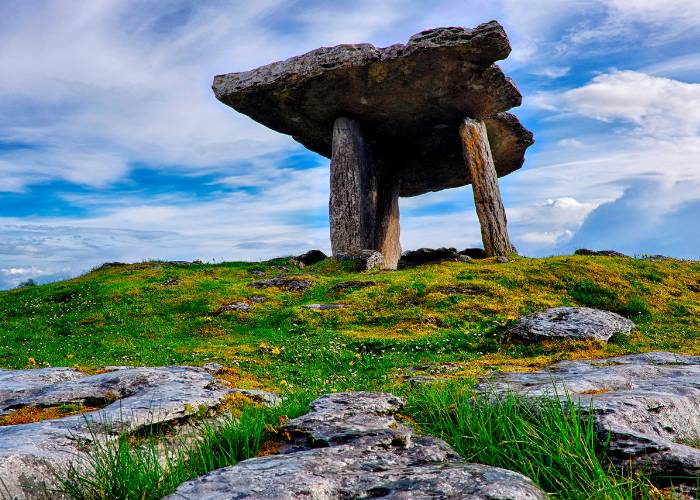 Poulnabrone Dolmen, prehistoric megalithic structure, standing on the Burren limestone plateau in County Clare, Ireland. Neolithic funerary monument