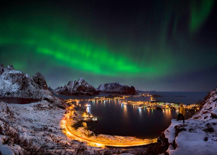 Aurora borealis seen at night over Reine, Norway