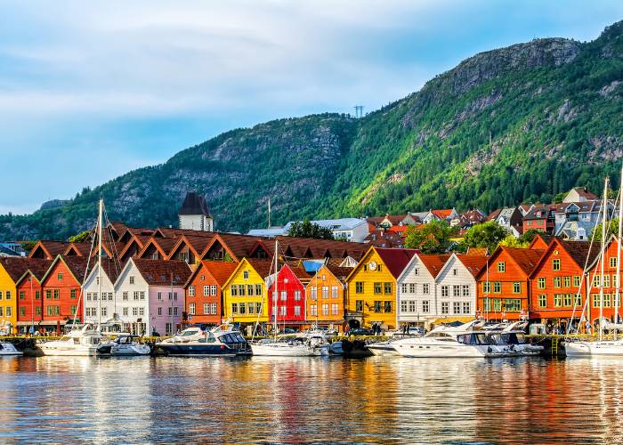 Bergen, Norway. View of the historic buildings of the Bryggen Hanseatic Wharf in Bergen, Norway. UNESCO World Heritage Site