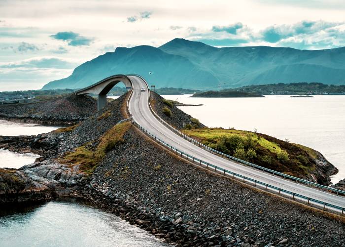 Storseisundbrua Bridge on Norway's Atlantic Road, a winding road over the Atlantic Ocean