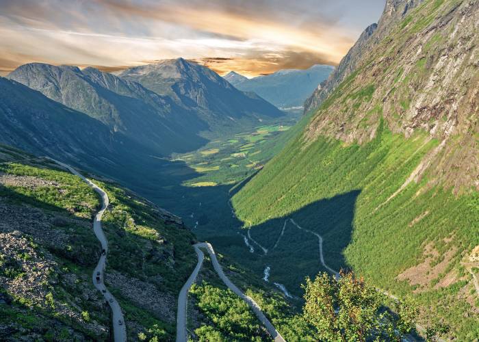 Aerial view of the Troll Road winding through the rugged Trollstigen mountains in Norway's Romsdal Alps