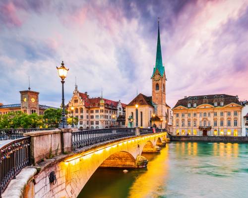 Sunset over the old town of Zurich, Switzerland