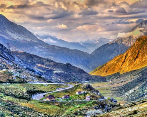 Road over the Gotthard Pass in the Swiss Alps