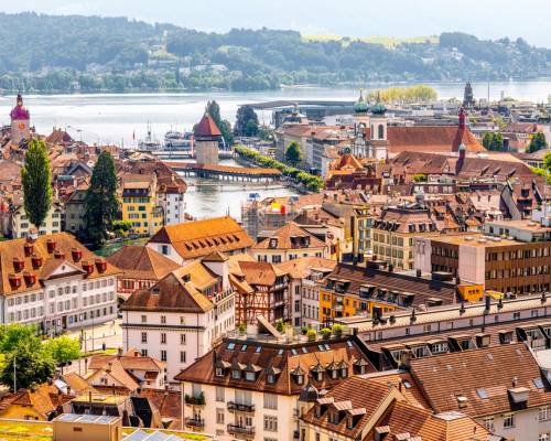 View of the city of Lucerne, Switzerland, on the banks of the River Reuss